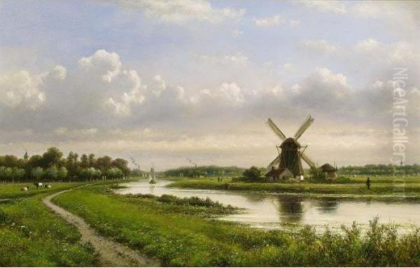 A Summer Landscape With A Windmill Along A Waterway Oil Painting by Lodewijk Johannes Kleijn