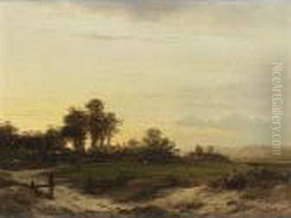 A Summer Landscape With Travellers Resting Oil Painting by Lodewijk Johannes Kleijn