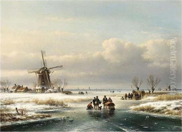 A Winter Landscape With Figures On A Frozen Waterway Oil Painting by Lodewijk Johannes Kleijn