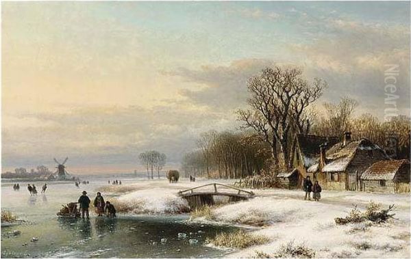 A Winter Landscape With Skaters On The Ice Oil Painting by Lodewijk Johannes Kleijn