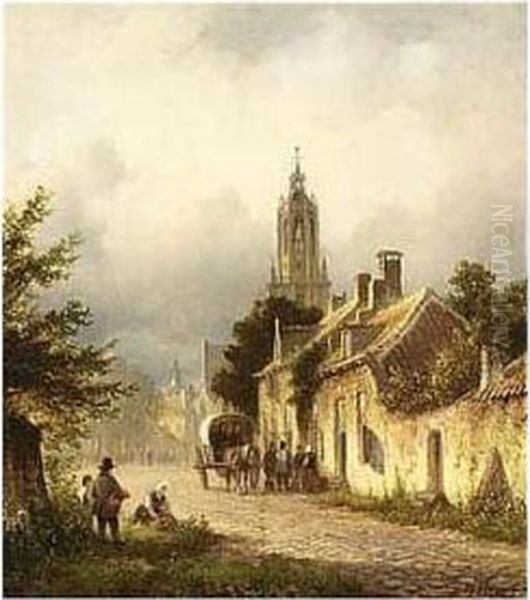 Travellers In The Streets Of A Dutch Town Oil Painting by Lodewijk Johannes Kleijn