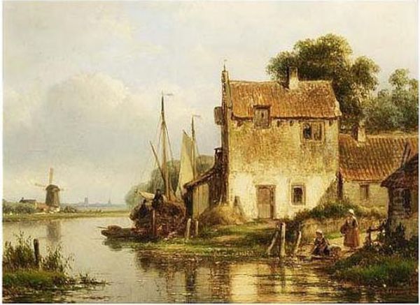 A River Landscape With Anglers And Washerwomen By A Town Oil Painting by Lodewijk Johannes Kleijn