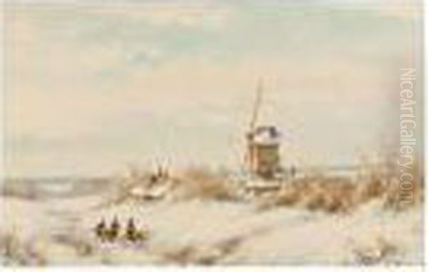 A Winter Landscape Oil Painting by Lodewijk Johannes Kleijn