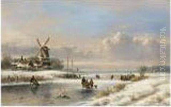 A Winter Landscape With Skaters 
On A Frozen River; A Summer Landscape With Sailing Vessels On A River (a
 Pair) Oil Painting by Lodewijk Johannes Kleijn