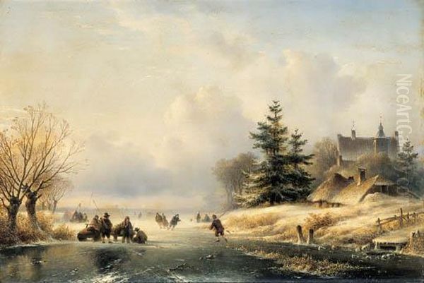 Skaters On A Frozen Waterway, A Mansion Beyond Oil Painting by Lodewijk Johannes Kleijn