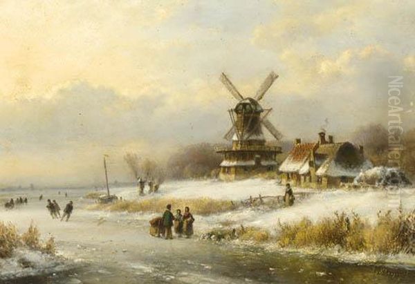 Skaters On A Frozen Waterway By A Windmill Oil Painting by Lodewijk Johannes Kleijn