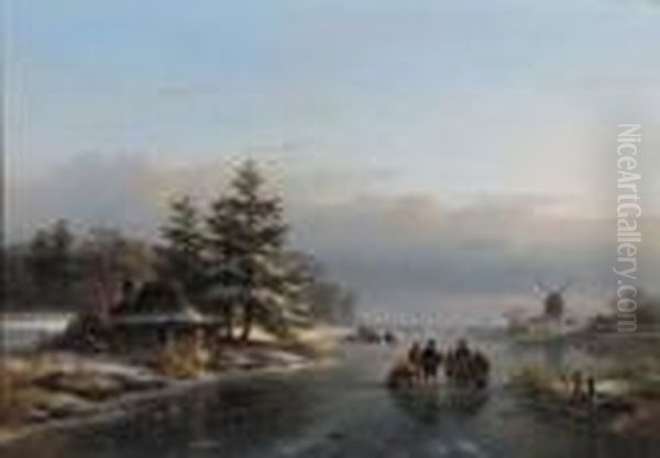 Peasants Conversing On A Frozen River, A Koek En Zopie Beyond Oil Painting by Lodewijk Johannes Kleijn