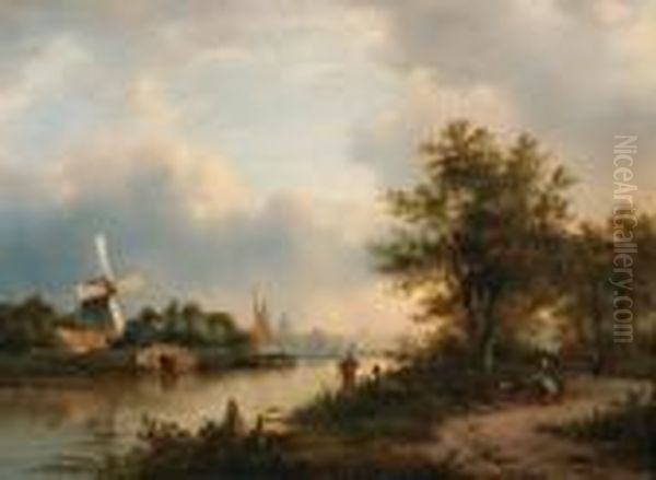 A River Landscape In Autumn With Villagers On A Path Along Thewater, A Town Beyond Oil Painting by Lodewijk Johannes Kleijn