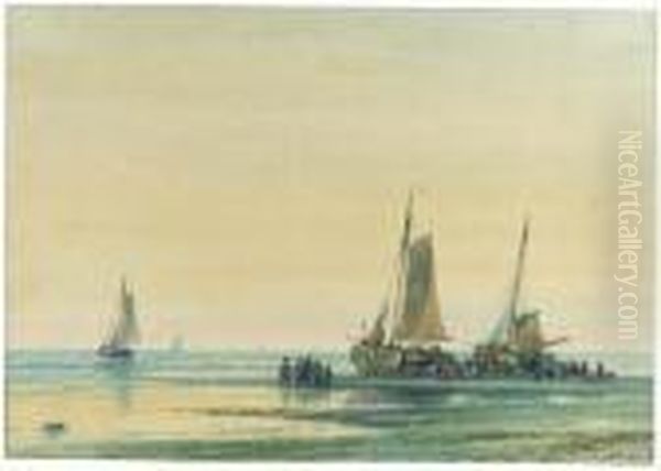 Fishing-boats And Figures On A Beach Oil Painting by Lodewijk Johannes Kleijn