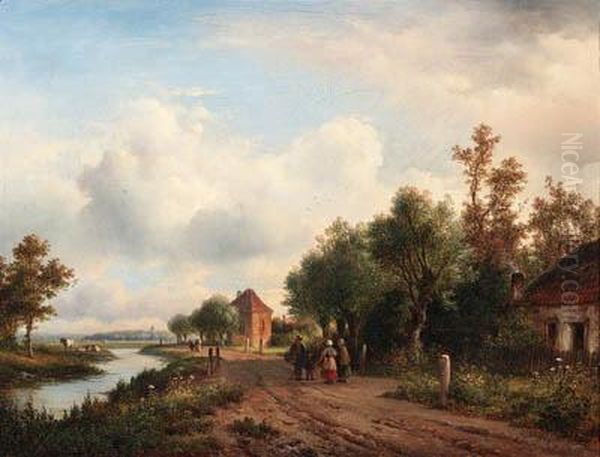 Peasants Conversing On A Sandy Trail Along A Waterway, A Town Inthe Distance Oil Painting by Lodewijk Johannes Kleijn