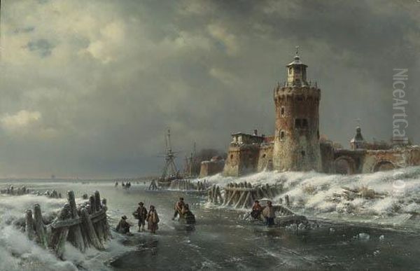 A Frozen River Landscape Oil Painting by Lodewijk Johannes Kleijn