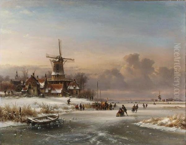 A Winter Landscape With Figures On A Frozen River By Awindmill Oil Painting by Lodewijk Johannes Kleijn