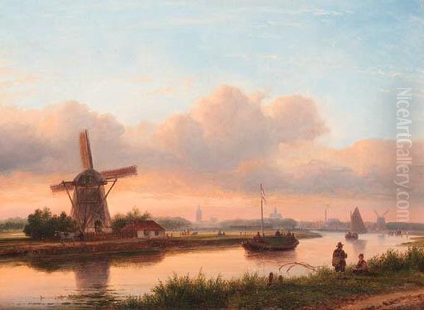 A Panoramic Summer Landscape With Barges On The Trekvliet, Thehague In The Distance Oil Painting by Lodewijk Johannes Kleijn