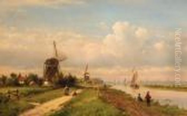 A Panoramic Summer Landscape With Fishermen Along A Canal Oil Painting by Lodewijk Johannes Kleijn