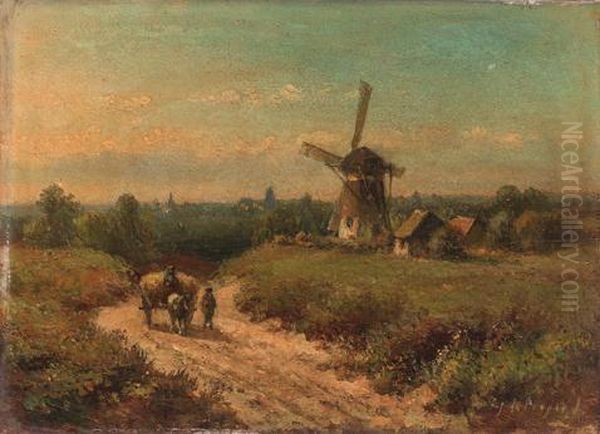 Harvesters On A Sandy Track By A Windmill Oil Painting by Lodewijk Johannes Kleijn