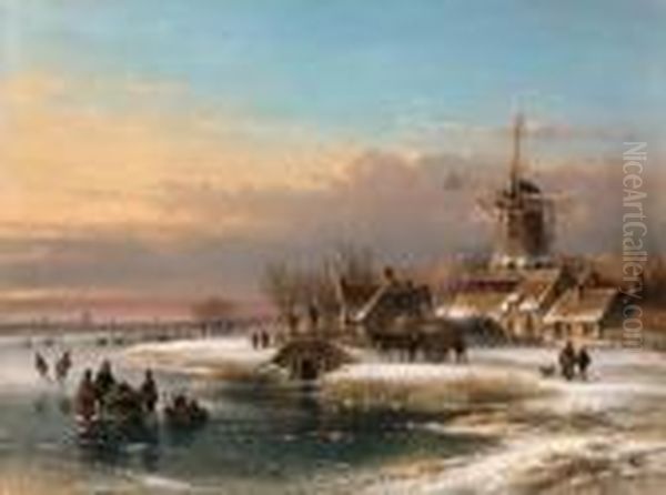 A Winter Landscape Oil Painting by Lodewijk Johannes Kleijn