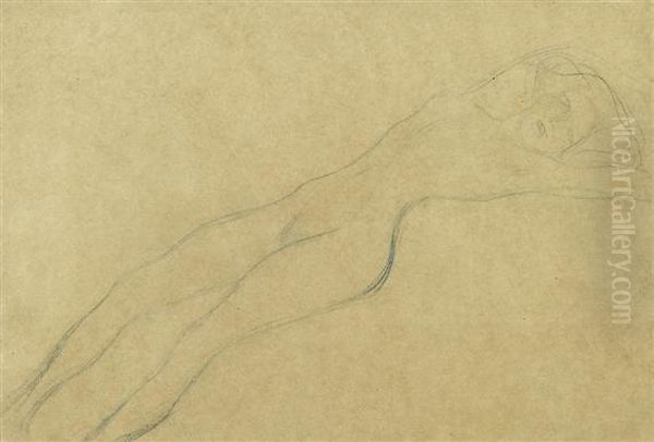 Reclining Female Nude Oil Painting by Gustav Klimt