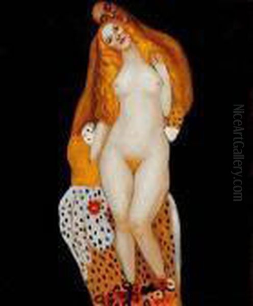 Adam And Eve Oil Painting by Gustav Klimt