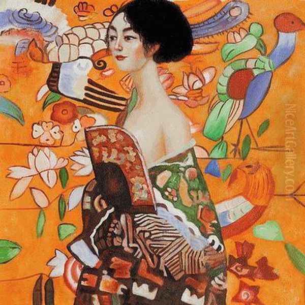 Lady With Fan Oil Painting by Gustav Klimt