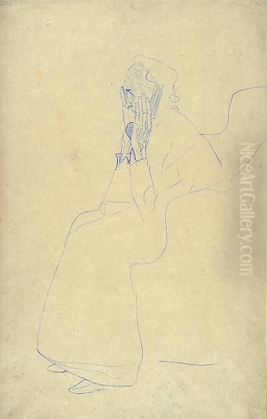 Seated Old Woman In Profile Facing Left Oil Painting by Gustav Klimt