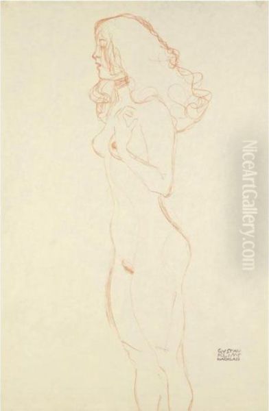 (standing Female Nude With Long Hair, Necklace, Her Left Hand On The Shoulder) Oil Painting by Gustav Klimt