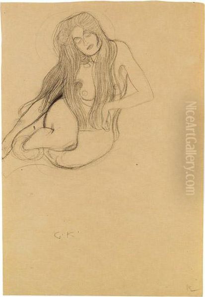 Seated Female Nude
 Sketch For Oil Painting by Gustav Klimt