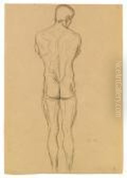 Male Nude Back
 Sketch For
 This Kiss To The Whole World Oil Painting by Gustav Klimt