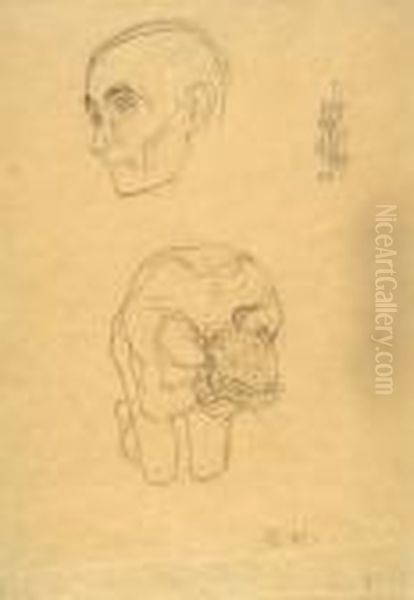 Head Study, Nude Male Figure Kneeling, And Ornamental Design Oil Painting by Gustav Klimt