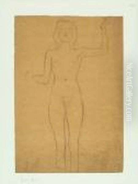 Standing Full Length Female Nude With One Arm Raised Oil Painting by Gustav Klimt