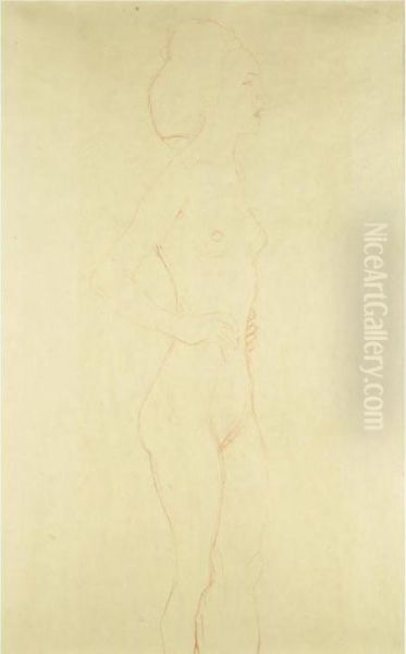 Stehender Weiblicher Akt - Hand An Der Hufte (female Standing Nude - Hands On Hips) Oil Painting by Gustav Klimt