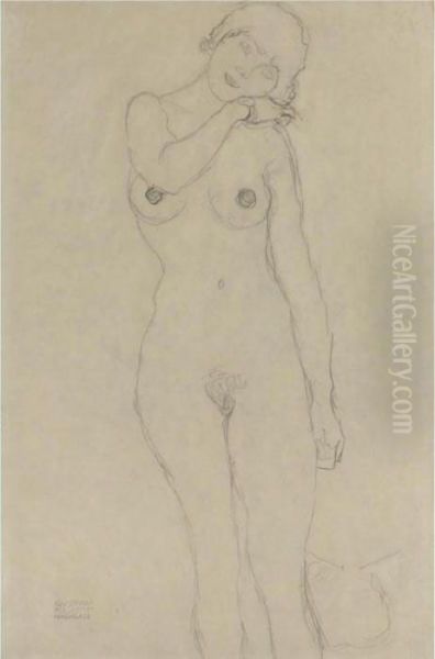 Stehend Von Vorne, Den Kopf Nach Rechts Geneigt (standing Woman With Head Leaning Right) Oil Painting by Gustav Klimt