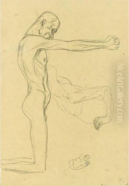 Property From A Private European
 Collection
 

 
 
 

 
 Kniender Mannerakt Mit Ausgestreckten Armen, Mannlicher 
Oberki-rper (kneeling Male Nude With Sprawled Out Arms, Male Torso) Oil Painting by Gustav Klimt