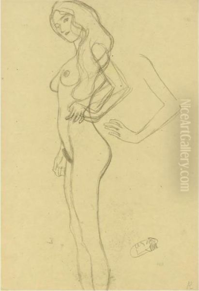 Property From A Private European Collection
 

 
 
 

 
 Stehender Weiblicher Akt Nach Links, Armstudie (standing Female Nude To The Left, Arm Study) Oil Painting by Gustav Klimt