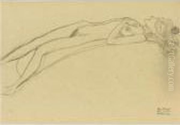 Property From A Private European
 Collection
 

 
 
 

 
 Auf Dem Rucken Liegender Madchenakt, Die Rechte Uber Dem Kopf 
Sichtbar (lying Girl Nude On Her Back, The Right Hand Above Her Head) Oil Painting by Gustav Klimt