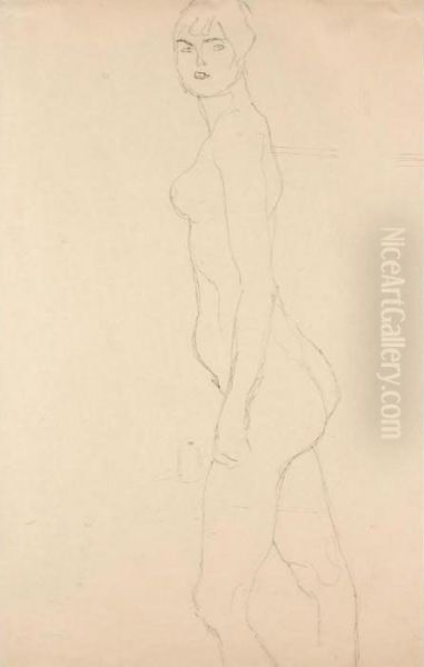 Akt Nach Links, Studie Fur 'die 
Freundinnen' (nude Turned To The Left, Study For 'die Freundinnen') Oil Painting by Gustav Klimt