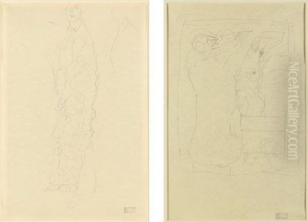 In Ganzer Figur, Wiederholung 
Von Kopf Und Brust And Sitzender Akt Vor Dem Spiegel : A Double-sided 
Drawing (whole Figure, Head And Chest And Seated Nude In Front Of A 
Mirror) Oil Painting by Gustav Klimt