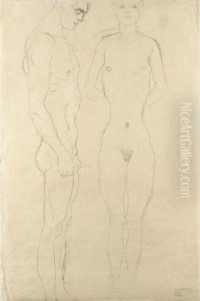 Athlet Im Profil Nach Rechts, 
Frauenakt Von Vorne (athlete In Profile Facing Right, Female Nude Seen 
From The Front) Oil Painting by Gustav Klimt