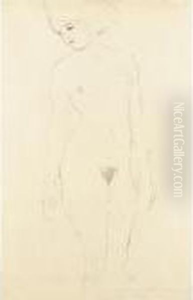 Akt Von Vorne, Das Gesicht Nach 
Links Gedreht (nude Seen From The Front, Face Turned Left) Oil Painting by Gustav Klimt