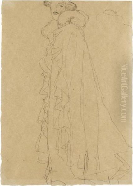 Stehend Nach Links, Skizze Des 
Kragens Von Hinten (standing Turned To The Left, Sketch Of The Collar 
From Reverse) Oil Painting by Gustav Klimt