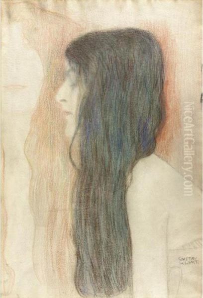 Madchen Mit Langem Haar Im 
Profil, Mit Skizze Der 'nuda Veritas' (girl With Long Hair In Profile, 
With A Sketch For 'nuda Veritas') Oil Painting by Gustav Klimt