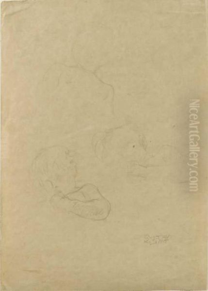 Children's Heads - A Sketch Sheet Oil Painting by Gustav Klimt