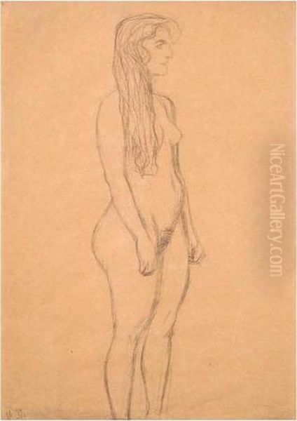 Stehender Madchenakt Im Profil 
Nach Rechts (portrait Of A Standing Female Figure Nude In Profile Turned
 To The Right) Oil Painting by Gustav Klimt