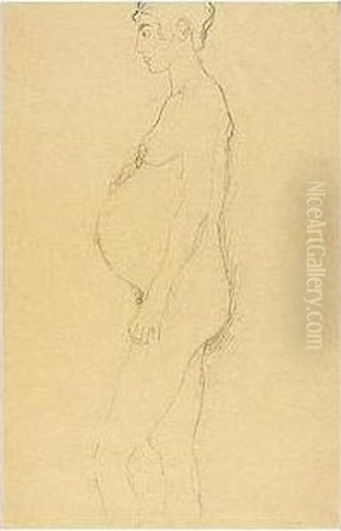 Akt Einer Schwangeren Im Profil Nach Links (pregnant Nude In Profile Turned To The Left) Oil Painting by Gustav Klimt