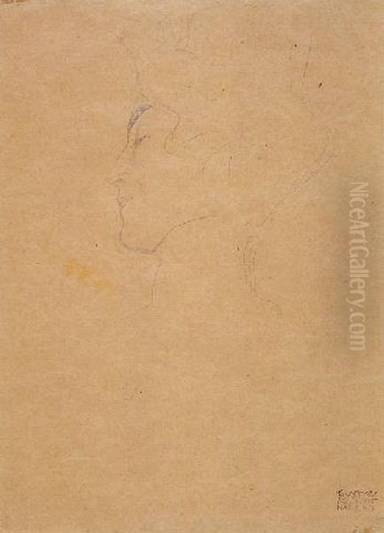 Frauenkopf Im Profil Nach Links 
Mit Hoch Abschilessendem Kragen (woman In Profile Looking To The Left 
With A High Collar) Oil Painting by Gustav Klimt