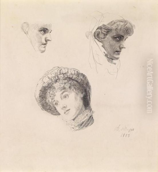 Three-quarter Andprofile Studies Of A Woman With Hat Oil Painting by Max Klinger