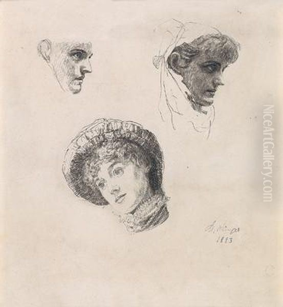 Three-quarter Length- And Profile Studies Of A Woman In A Hat Oil Painting by Max Klinger