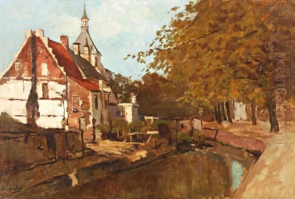 Huizen Aan Gracht Te Amersfoort Oil Painting by Johannes Christiaan Karel Klinkenberg