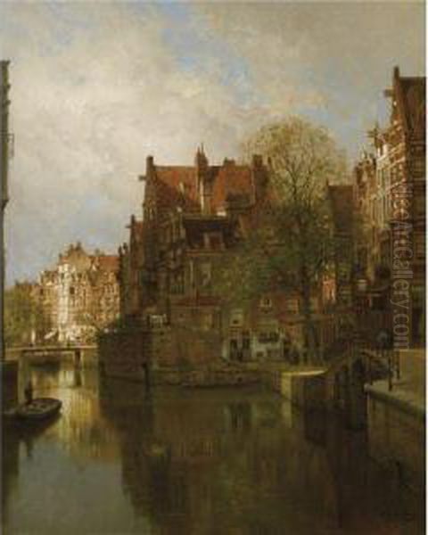 A View Of The Grimburgwal, Amsterdam Oil Painting by Johannes Christiaan Karel Klinkenberg