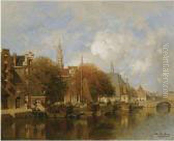 A Capriccio View Of The Oudezijds Voorburgwal, Amsterdam Oil Painting by Johannes Christiaan Karel Klinkenberg