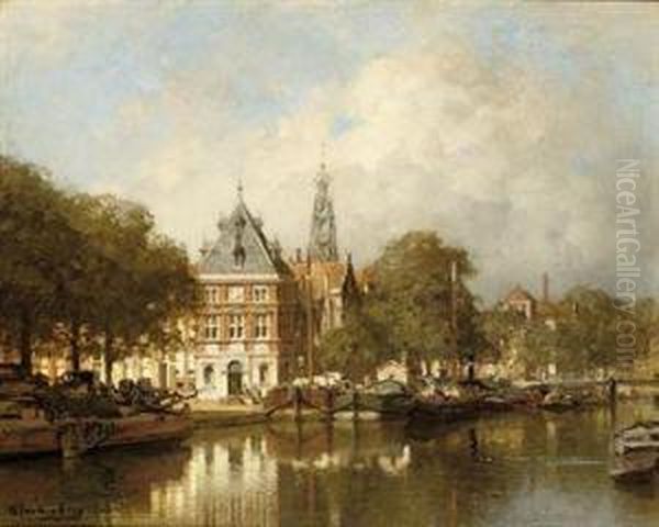 De Waag Aan Het Spaarne Te 
Haarlem: View Of The River Spaarne Withthe Waagtoren Beyond, Haarlem Oil Painting by Johannes Christiaan Karel Klinkenberg